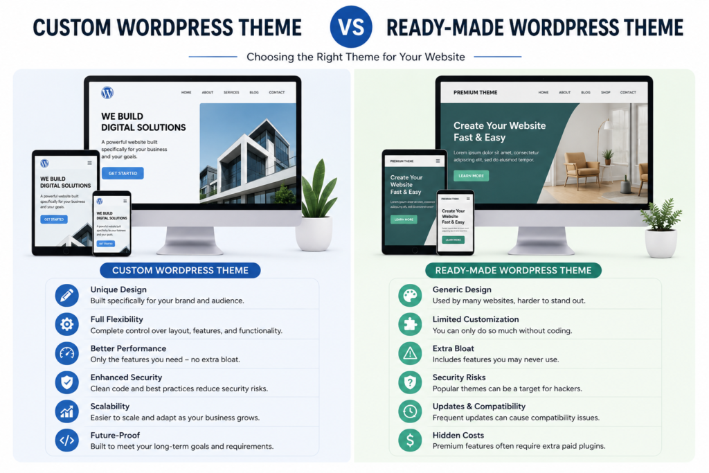 custom-wordpress-theme-vs-ready-made-theme Custom WordPress theme compared with a ready-made WordPress theme