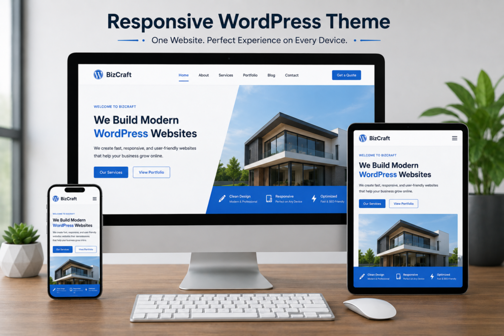 responsive-wordpress-theme-development Responsive WordPress theme displayed on desktop tablet and mobile